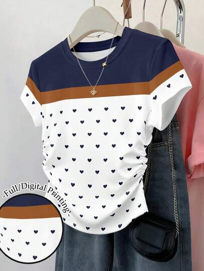 Resyla Women's Versatile Elegant Women's T-Shirt, Waist Cinched Multicolor Stripe Patchwork Short Sleeve Lover Heart Graphic Print Tee Tops