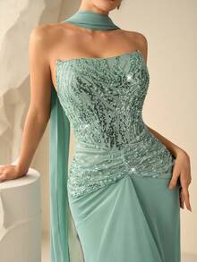Coutiva 优雅抹胸上衣，串珠亮片缝边雪纺鱼尾裙摆派对礼服，适合生日派对、婚礼宾客、晚宴、毕业典礼等场合。 - 綠色 - 查看 5