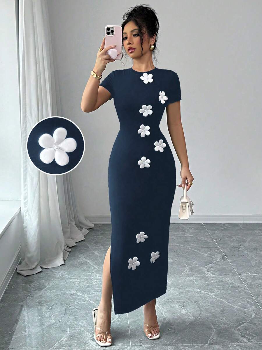 Elenzga Váy ngắn tay thanh lịch gợi cảm dành cho nữ, thường ngày mùa xuân/hè, vải dệt kim co giãn màu đen, dáng ôm, họa tiết hoa 3D màu trắng - Nhiều màu - Xem 1
