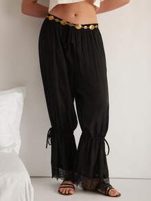 Freevana Plus Size Casual Drawstring Hem Mesh Cropped Pants Casual Pocket - Black - View 1