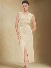 BizChic 2026 Spring/Summer New Khaki Front Button Sleeveless Dress, Vintage Inspired Modern Elegant Office Wear - Khaki - View 7