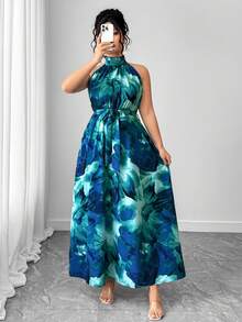 Elenzga 大码女士扎染印花无袖连衣裙，收腰设计，立领，简约时尚，适合通勤穿着。 - 彩色 - 查看 4