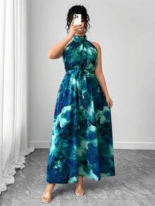 Elenzga 大码女士扎染印花无袖连衣裙，收腰设计，立领，简约时尚，适合通勤穿着。 - 彩色 - 查看 5