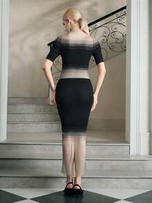 Anewsta Women's Ombre Sheer High Neck Knit Maxi Dress - Black - View 2