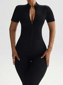 Rhythm Era 1件装 女士加大码 前拉链 立领 无缝 性感扭结露背 工字背 瑜伽 健身 体操 短袖 露脐连体裤 - 黑色 - 查看 6