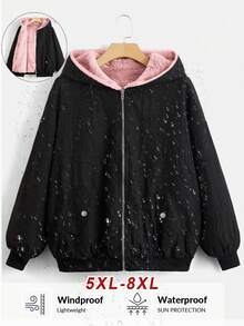 SHEIN CURVE+ Women's Plus Size Black Contrast Color Hooded Fuzzy Lined Jacket, Autumn/Winter Coat Winter Clothes For Women - Black - View 1