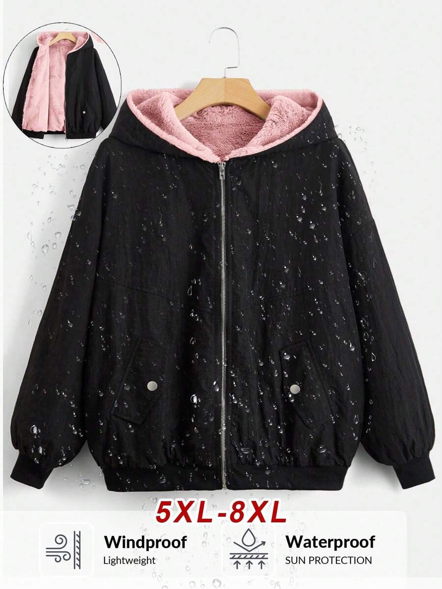SHEIN CURVE+ Women's Plus Size Black Contrast Color Hooded Fuzzy Lined Jacket, Autumn/Winter Coat Winter Clothes For Women - Black - View 1