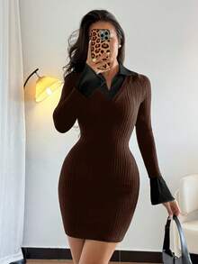 Rafferiza 女士黑色二合一紧身性感优雅磨毛罗纹修身迷你连衣裙，秋冬款 - 咖啡 - 查看 4