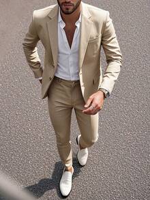 Manfinity Mode 男士纯色翻领口袋西装外套和裤子套装，适合聚会和通勤穿着。 - 卡其色 - 查看 1