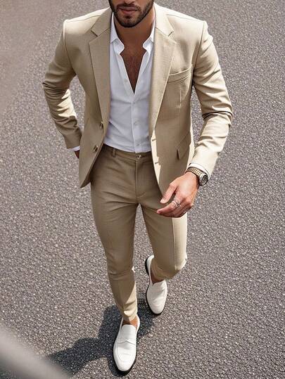 Manfinity Mode 男士纯色翻领口袋西装外套和裤子套装，适合聚会和通勤穿着。