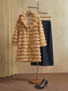 Anewsta 新款秋冬蓬松长款大衣，女士时尚皮草外套 - 駝色 - 查看 2