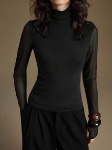 Ontre 2026春夏女士高领长袖衬衫，网纱泡泡袖口，都市通勤商务休闲装，优雅适合感恩节、圣诞节、新年派对、婚礼宾客等场合，黑色上衣情人节特别设计，高端优雅，复古邮轮婚礼宾客着装 - 黑色 - 查看 6