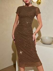 Lavishia 女士时尚印花短袖连衣裙，春夏款 - 棕色 - 查看 5