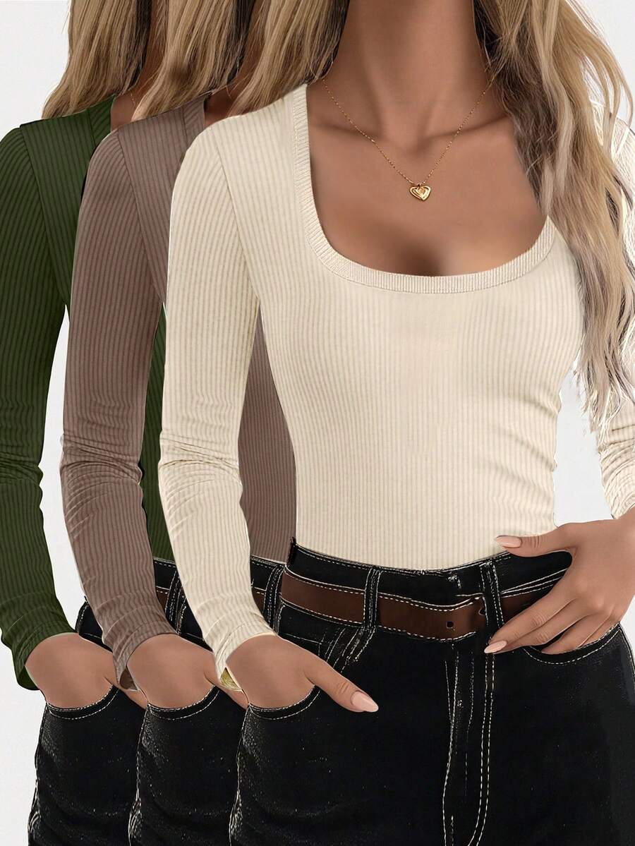 EMERY ROSE Áo thun nữ cổ tròn tay dài màu trơn ôm vừa vặn thoải mái - Nhiều màu - Xem 1