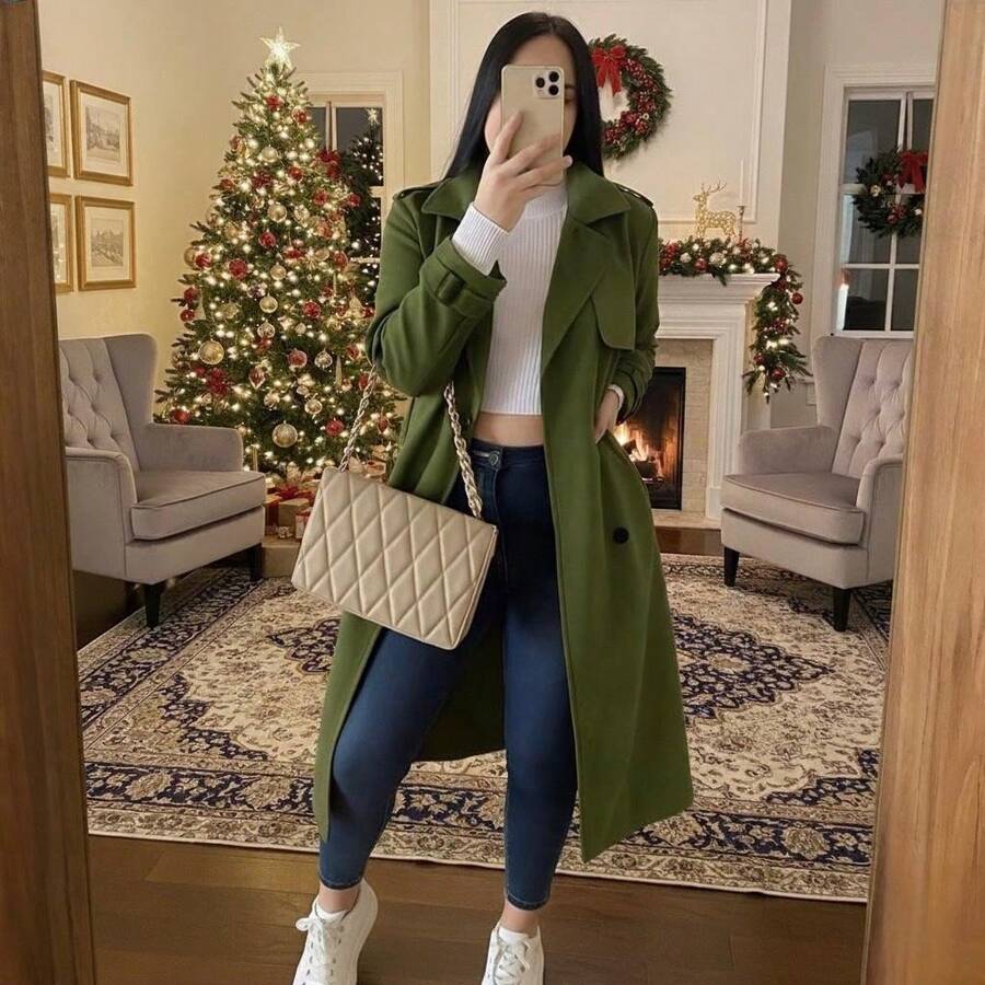 Abrigo Gabardina Largo Calientito con Top Corto Set de 2 Piezas Elegante Ideal para Fiestas Navideñas Cazadora - Verde - Ver 1