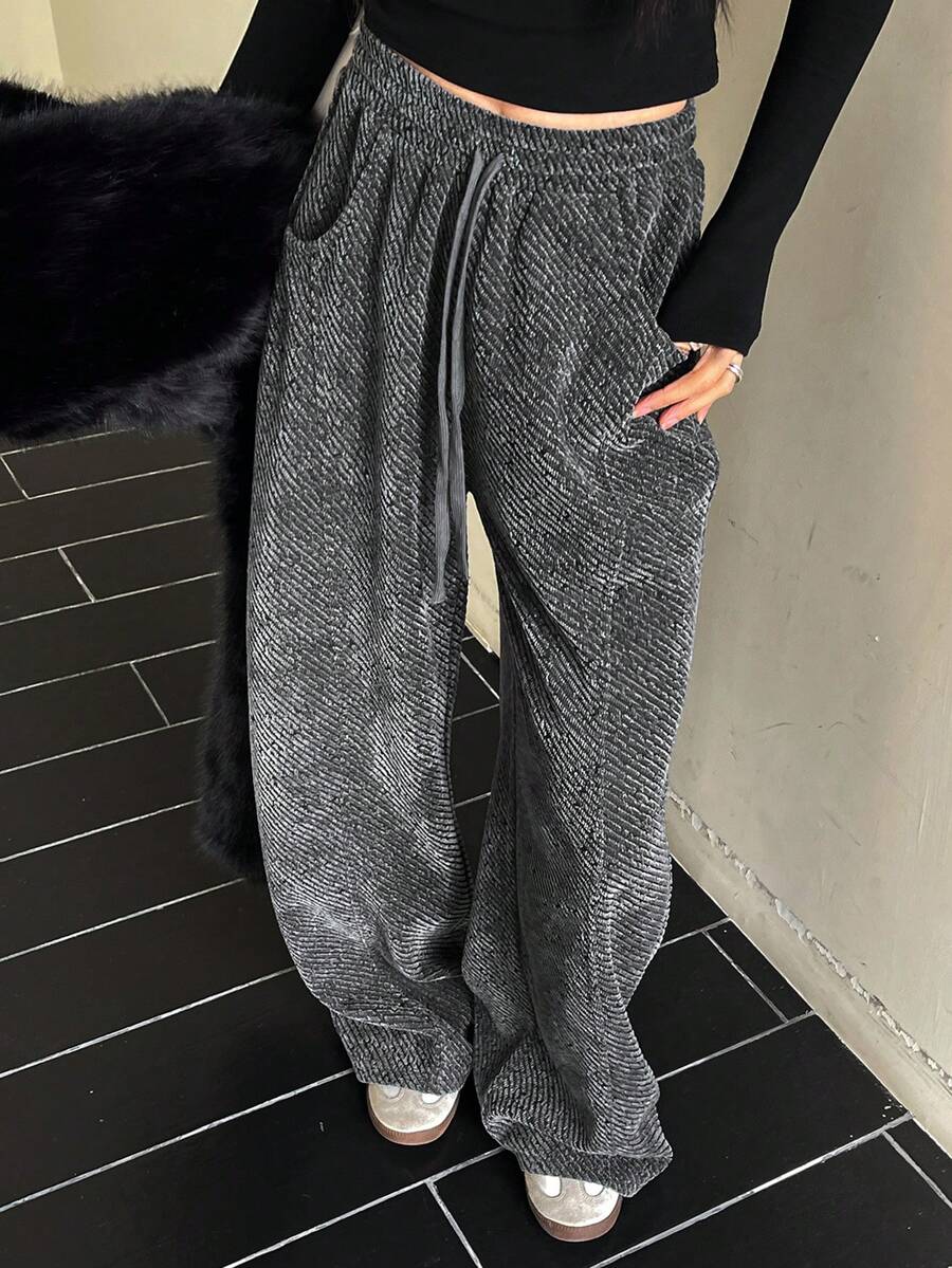 Livesso 女士休闲直筒裤，时尚灰色宽松商务通勤简约格纹条纹款，适合秋冬季穿着 - 灰色 - 查看 1