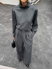 Siren Gaze Women's Solid Color High Neck Dropped Shoulder Long Sleeve Loose Fashion Top & Pleated Pants 2-Piece Set - Grey - View 5