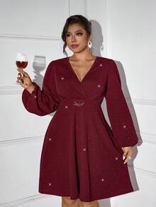 Femmeverse Plus Size Women V-Neck Lantern Sleeve Metal Chain Decor Solid Color Fashion Dress - Burgundy - View 4