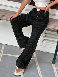 Muchica 女士休闲条纹阔腿裤 - 黑色 - 查看 4
