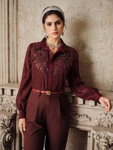 Anewsta Women's New Lace Burgundy Angora Embroidered Beaded Long Sleeve Elegant Blouse, European And American Street Style - Burgundy - View 6