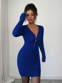 Elenzga 女士秋冬 Anouk Sta 休闲连衣裙，适合红色日、新年、独立日、劳动节、哥伦布日、感恩节、圣诞节、独立日音乐会、复古街头风、斯德哥尔摩风、拉链V领、约会装、教师装、返校季、韩版风、紧身针织连衣裙 - 寶藍色 - 查看 3