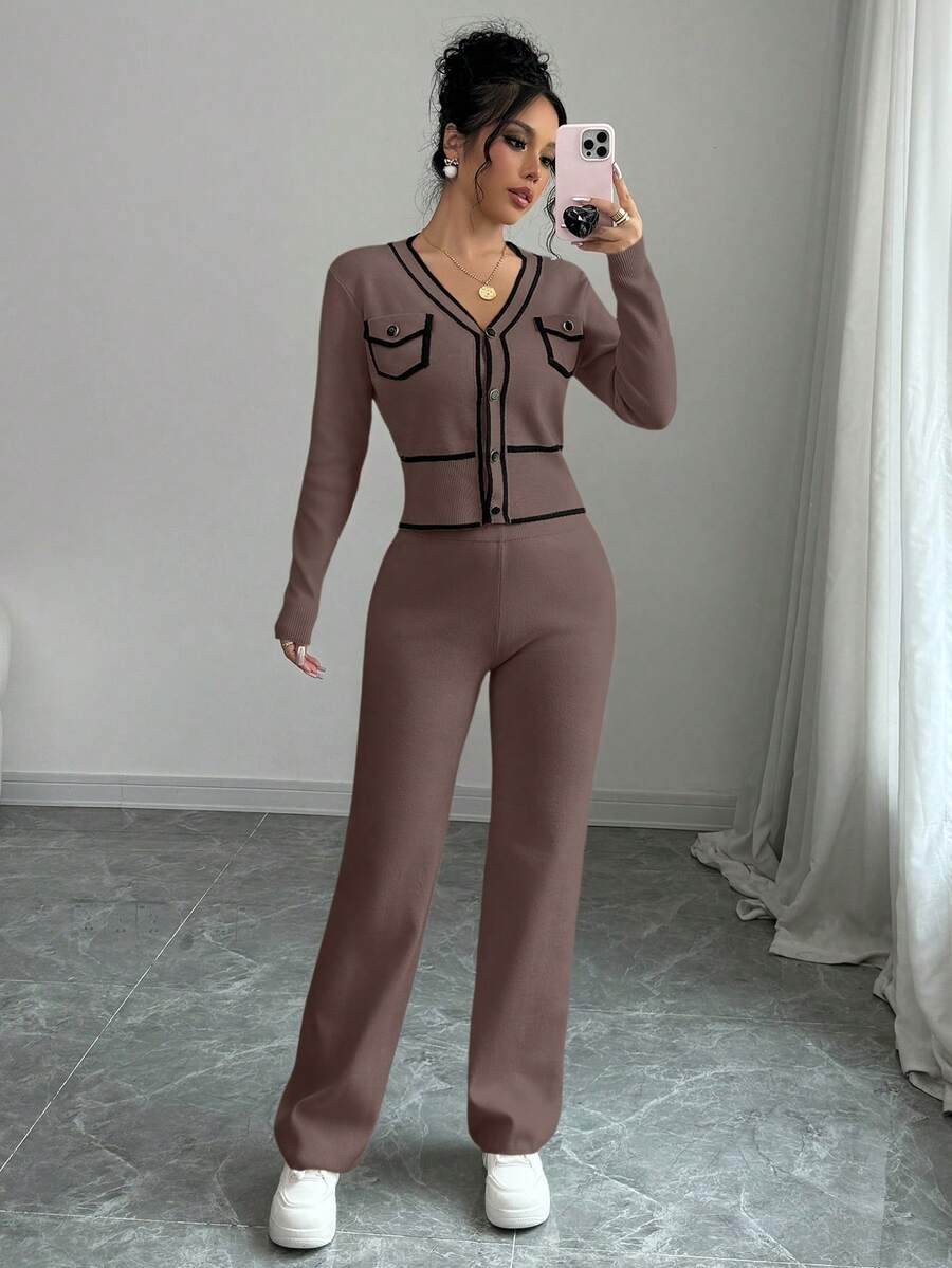 Elenzga 2pcs Elegant Sweater Set: Contrast Trim V-Neck Button Front Long Sleeve Top And Solid Color Pants - Mocha Brown - View 1