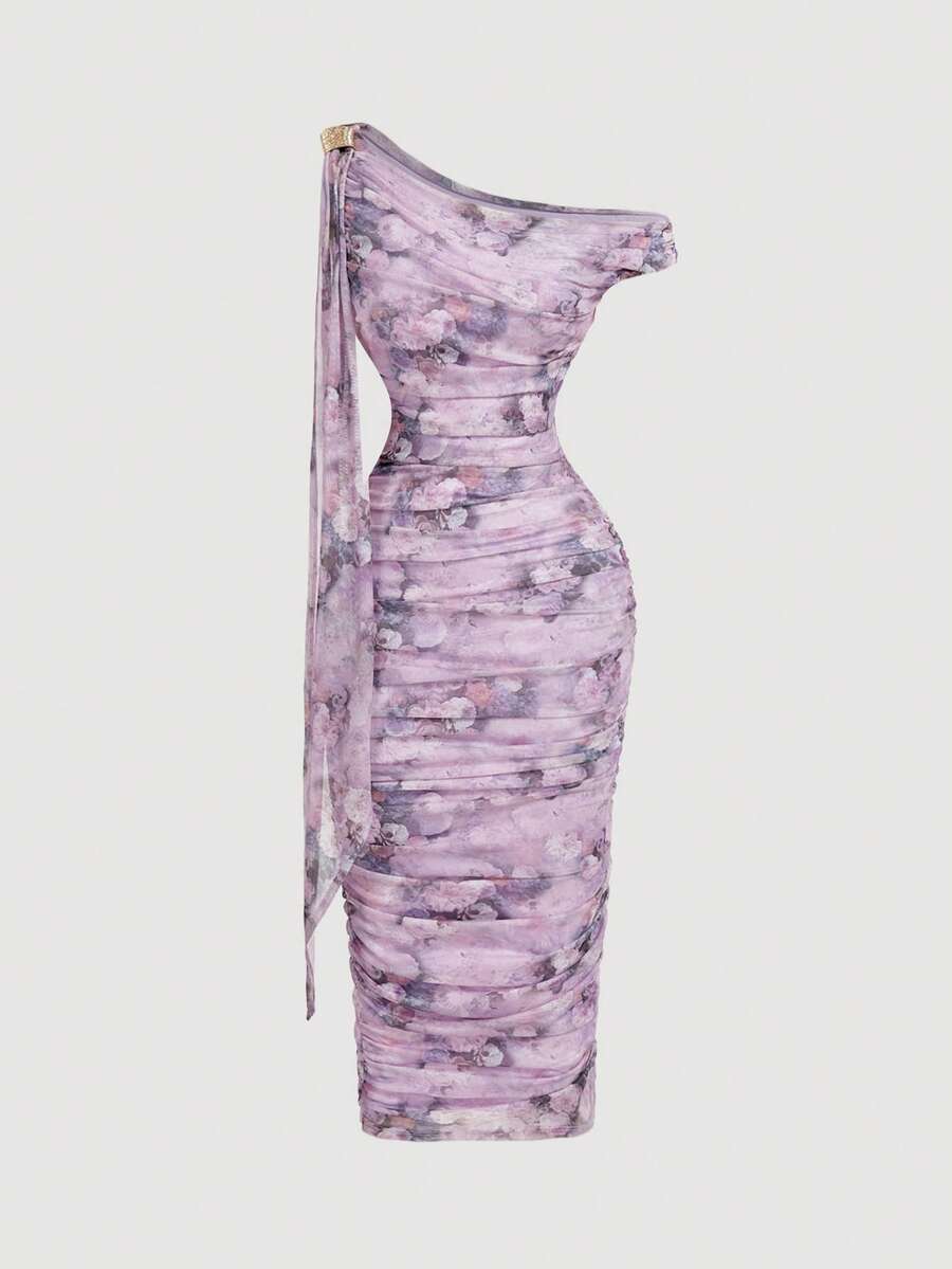 SHEIN MOD Women's Floral Print Asymmetric Midi Dress - Lilac Purple - View 1