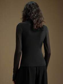 Ontre 2026春夏女士高领长袖衬衫，网纱泡泡袖口，都市通勤商务休闲装，优雅适合感恩节、圣诞节、新年派对、婚礼宾客等场合，黑色上衣情人节特别设计，高端优雅，复古邮轮婚礼宾客着装 - 黑色 - 查看 4