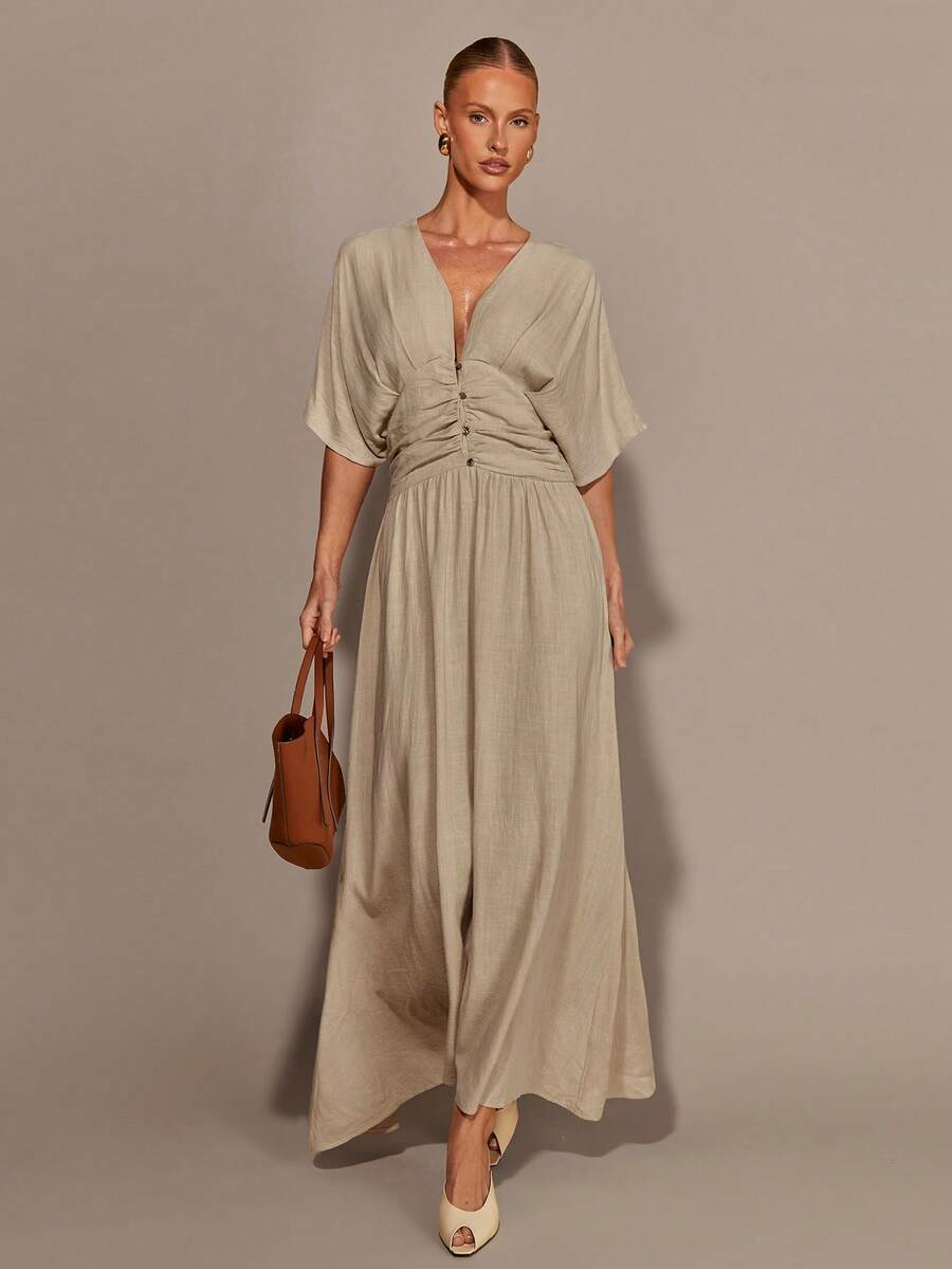 COSMINA Vestido de mujer de cuello en V profundo y manga corta, versátil para la oficina, el transporte y el uso diario, para todas las estaciones