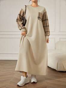 Modelyn Vestido largo casual de mujer a cuadros con parches, otoño/invierno - Albaricoque - Ver 1