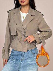 SHEIN PETITE 秋季 适度 旧钱 闪光 节日 聚会 感恩节 狂欢 节日 郊游 游泳 度假 波西米亚风 波西米亚风 海滩 热门 户外 层次丰富 婚礼 季节 宴会 成人礼 海滩 海边 短款褶皱 女式纯色长袖风衣 短款风衣 灰色夹克 女式风衣 腰带夹克 短款夹克 - 卡其色 - 查看 2