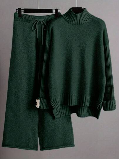 Franclia Set de 2 piezas de top de manga larga con cuello alto y pantalones de unicolor, conjunto casual de punto