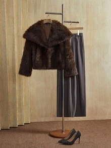 Anewsta 女士时尚仿毛领长款开衫外套，适合外出、优雅、圣诞节、派对 - 棕色 - 查看 7