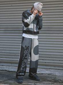 AXEPEAK 男士休闲连帽卫衣撞色拼接印花宽松卫衣开衫两件套 男士两件套 男士街头服饰套装 男士运动套装 - 彩色 - 查看 5