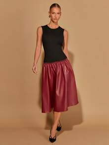 COSMINA Women's Elegant Burgundy Autumn Patchwork Dress,Black Knit & PU Leather Splice Sleeveless Dress For Night Out,Party,Christmas,New Year,Valentine's Day - Multicolor - View 3