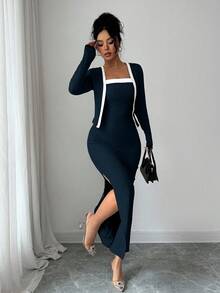 SHEIN Elenzya 两件套女士优雅撞色长袖开衫吊带裙套装，适合派对、家庭聚会、圣诞节、万圣节、情人节、新年、通勤和日常休闲穿着，秋冬季 - 藏蓝色 - 查看 5