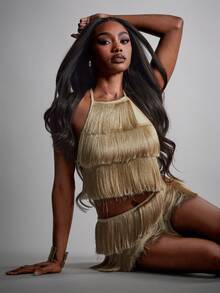 Hauture Sexy Party Night Out Fringed High Halter Neck Backless Top - Gold - View 5