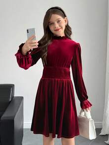 SHEIN Váy nhung dáng chữ A thêu nhún bèo cổ cao màu đỏ rượu vang thanh lịch cho bé gái tuổi mới lớn, thích hợp cho Giáng sinh, năm mới, tiệc tùng - Màu Đỏ Sâu - Xem 4