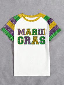 EMERY ROSE Áo thun nữ cổ tròn tay ngắn thoải mái họa tiết tương phản chữ và kim sa nhiều màu sắc theo phong cách lễ hội, thích hợp mặc hàng ngày và lễ hội - Nhiều màu - Xem 7