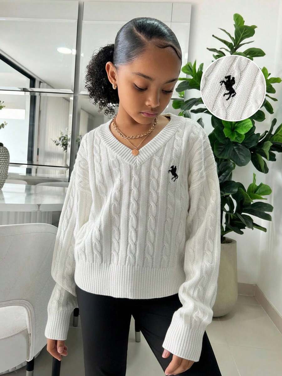 SHEIN 少女简约纯色V领长袖毛衣，休闲日常穿着，秋冬长袖上衣，学院风V领长袖毛衣，刺绣毛衣 - 白色 - 查看 1