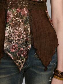 ROMWE EDITION Áo hai dây cổ chữ V in hoa thời trang dành cho nữ - màu nâu - Xem 5