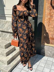 Chiquease Women's Spring/Autumn Vacation Style Allover Floral Print Square Neck Tie-Front Ruffle Sleeve Cinched Waist High Slit Hem Dress - Multicolor - View 5