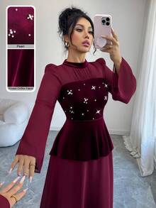 Modelyn 法式设计拼接珍珠装饰泡泡长袖优雅连衣裙 - 酒紅色 - 查看 1