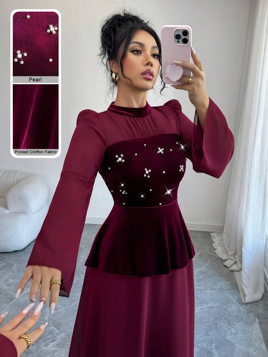 Modelyn 法式设计拼接珍珠装饰泡泡长袖优雅连衣裙 - 酒紅色 - 查看 1