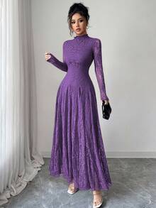 Modelyn Wine Red High Neck Waist Cinched Lace Dress For Women - Purple - View 3