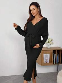SHEIN Maternity Elegant Solid Color V-Neck Belted Sweater Dress - Black - View 4