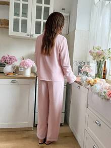 Snug Reverie Pink Striped Patchwork Lapel Long Sleeve Pajama Set Light Pink Pajama Set Bridesmaid Pajamas Set Personalised Sleep Wear Women 2 Pieces Set Mom Pink Pj Set Women Women's Loungewear Set - Baby Pink - View 4
