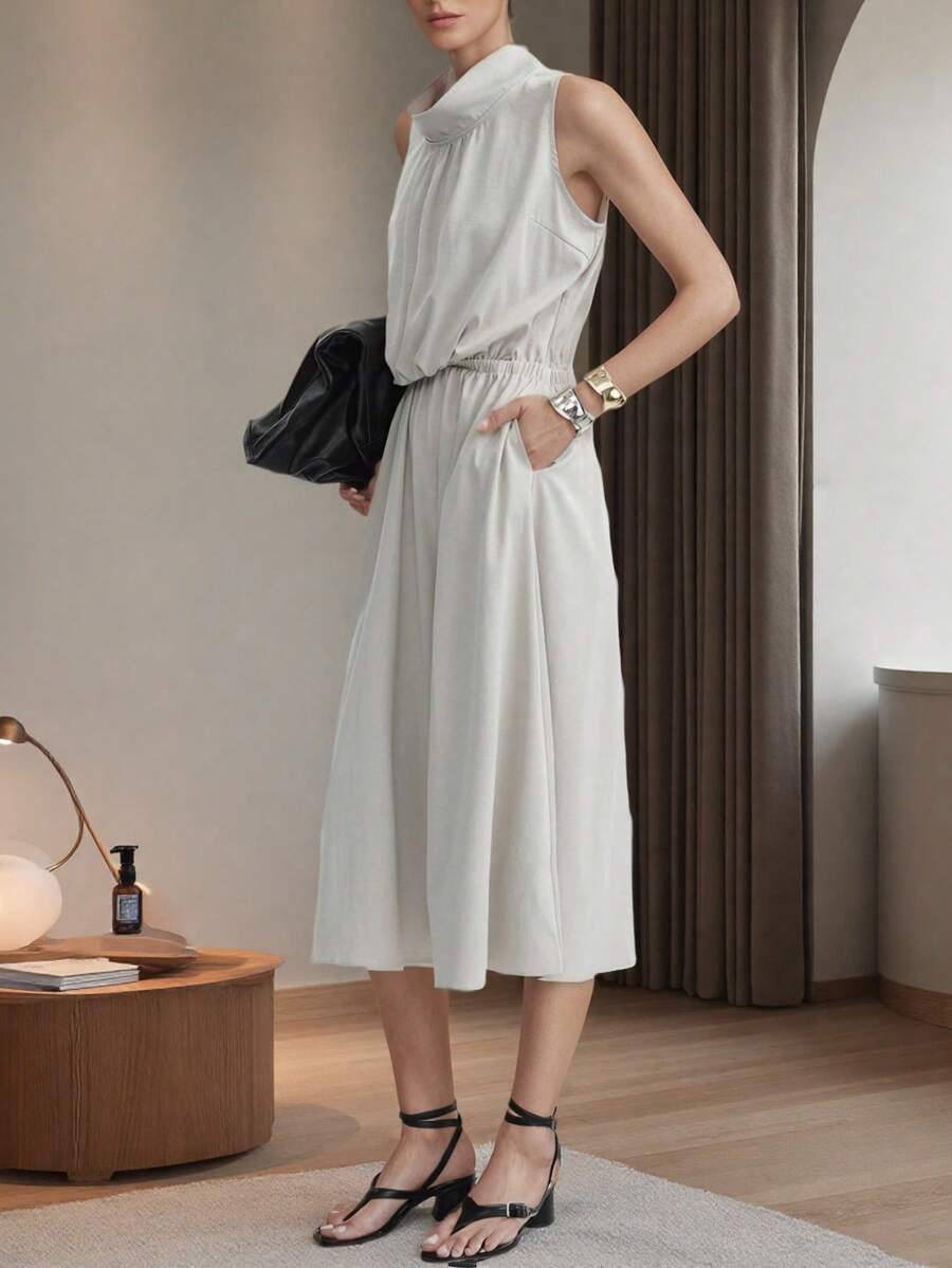 Aalyst 圆领无袖松紧腰连衣裙，时尚夏日风格 - 卡其色 - 查看 1