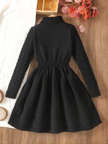 SHEIN Tween Girl Casual Solid Color Knitted Stand Collar Long Sleeve Sweater Dress - Black - View 2