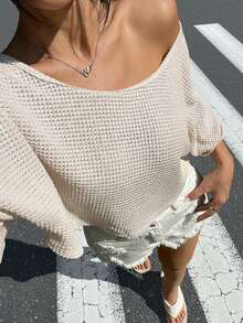 SHEIN EZwear 西部女装夏季休闲钩针编织不对称肩部宽松T恤 - 杏色 - 查看 4